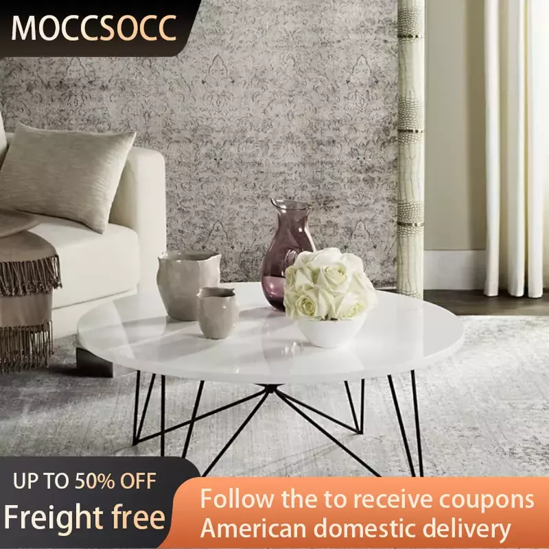 Modern White Lacquer Round Hairpin Leg Coffee Table Freight Free Salon Furniture Living Room Circular Coffee Tables Basses Coffe