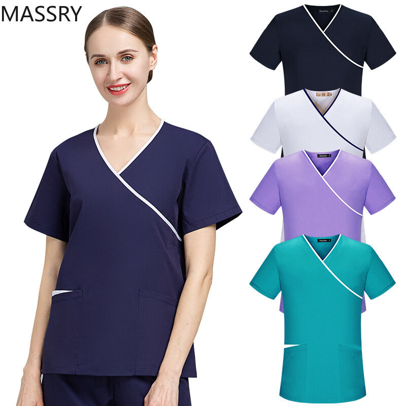 여성 유니폼 세트, 반팔 간호사 작업복, 미용실 작업복, 슬림핏 스크럽 셔츠, 유니섹스 의료 간호 유니폼
