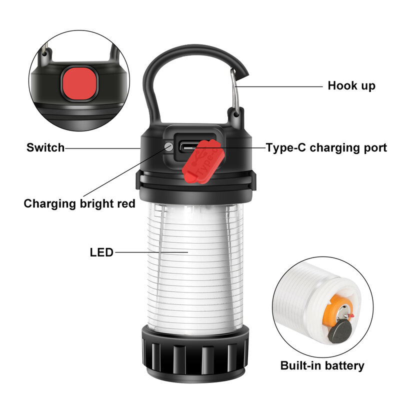 Mini Camping Lantern Outdoor Rechargeable Emergency Camping Lights 5 Modes Water-Resistant Battery Powered Portable Flashlight