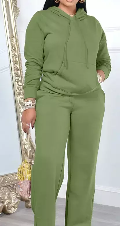 Conjunto deportivo informal de dos piezas para mujer, camiseta de manga larga con capucha, pantalones elásticos de pierna ancha, Color sólido, otoño