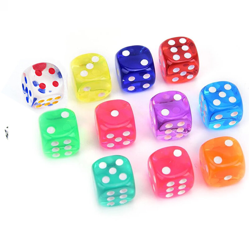 10Pieces/Lot 12mm Transparent Acrylic 6 Sided D6 Point Dice For Club/Party/Family Board Games 10 Colors Clear Round angle Dice