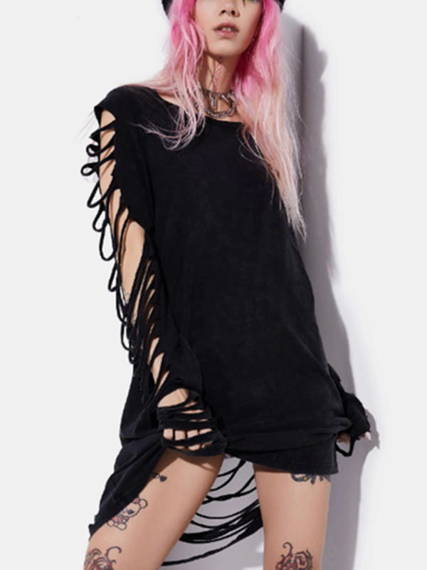 Yangelo gaun wanita modis Punk jalanan Gotik dengan rumbai lubang Y2K tembus pandang gaun lengan panjang tidak beraturan