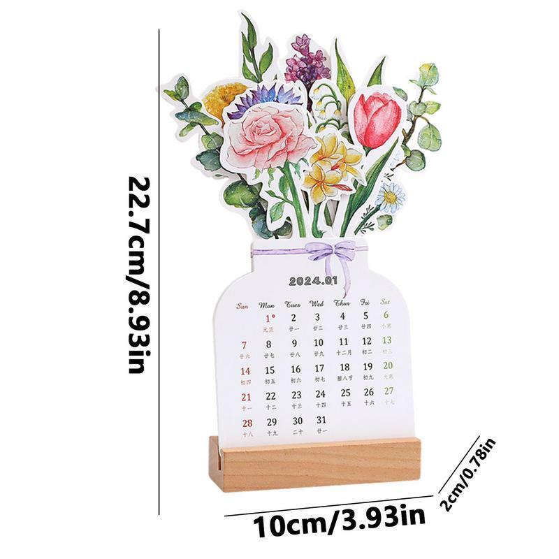 꽃병 디자인 달력, 거치대 탁상 장식, 꽃 테마, 2024 꽃 달력, 월별 플래너