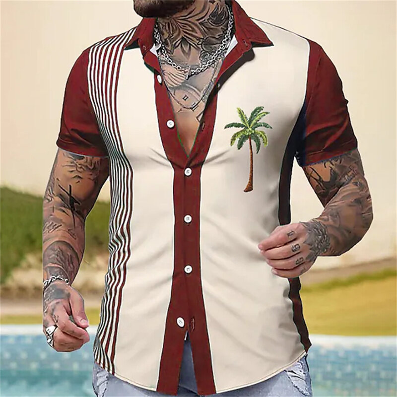 Summer Hawaiian Shirt Striped Shirt Coconut Tree Loose Casual Shirt Men's Beach Lapel Single Buckle Short-sleeved Fashion Clothe