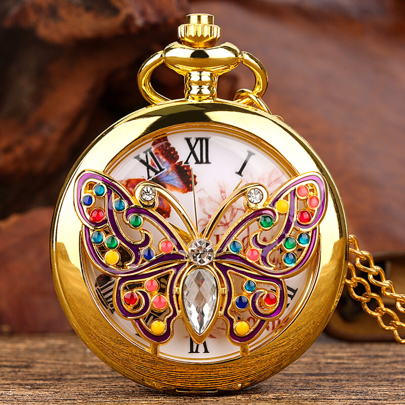 Top Luxury Gold Butterfly Crystal orologio da tasca al quarzo tempestato di diamanti elegante donna Retro Fob Chain Clock Charm Pendant Chain