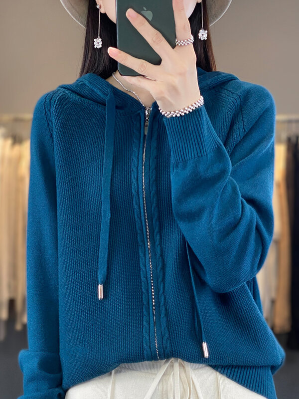 Spring/Summer Hooded Cardigan Women's Versatile Knitted Top Loose Sweater Casual Solid Color Double Zipper Cardigan Top