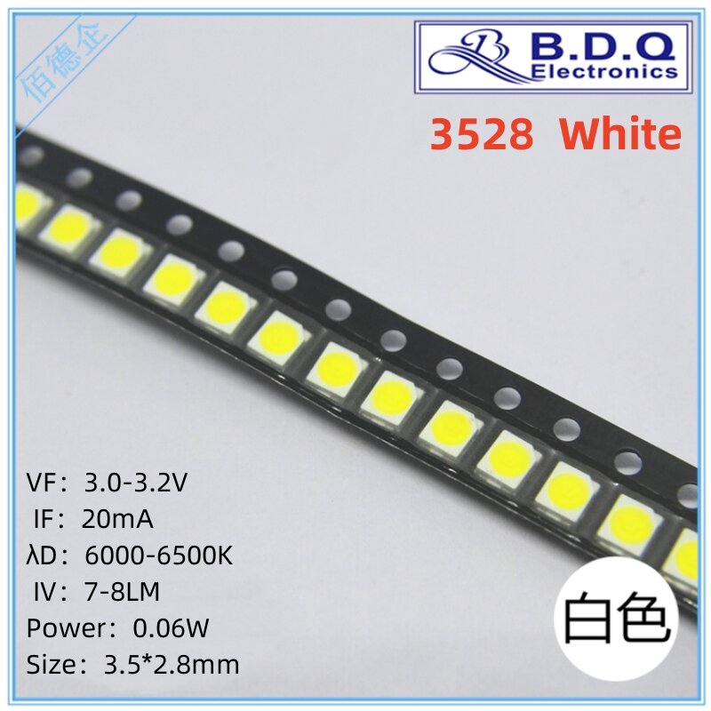 3528 White 7-8LM LED Lamp Beads SMD LED Light Size 1210 Light-emitting Diode High Bright Quality 100pcs