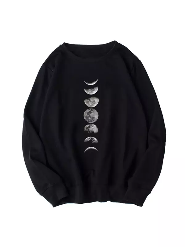 Kaus Pullover bercetak bulan lucu wanita, atasan ukuran besar modis longgar kasual