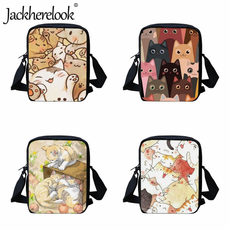 Jackherelook-만화 고양이 그림 어린이 크로스 바디 가방, 캐주얼 데일리 학교 가방 어린이 소년 소녀 숄더백 점심 가방