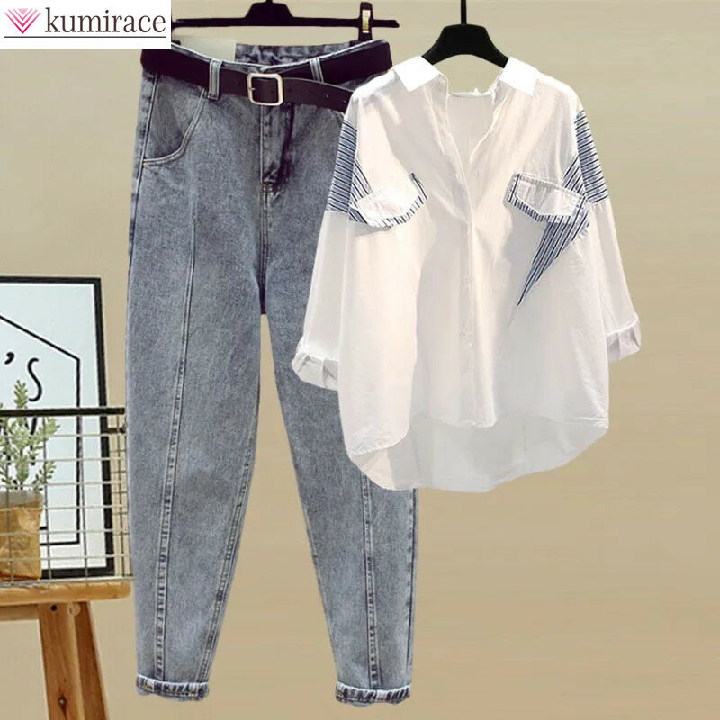 Conjunto de pantalones elegantes de estilo coreano para mujer, camisa holgada informal de gasa, pantalones vaqueros perforados, conjunto de dos piezas, chándal de blusa para mujer