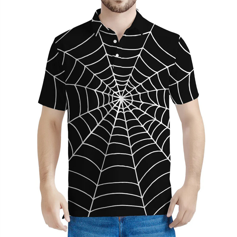 Horror Cobweb Pattern Polo Shirt For Men 3D Printed Spider Tee Shirts Casual Street Button T-Shirt Summer Lapel Short Sleeves
