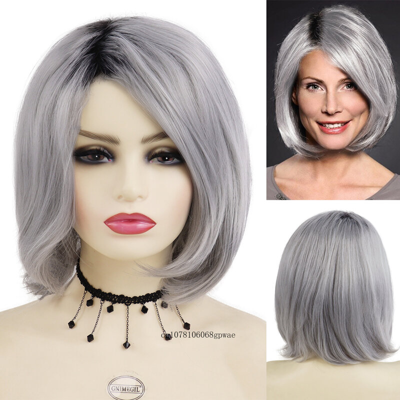 Grey Bob Wigs for Women Synthetic Short Hair Inner Buckle Wig with Bangs Breathable Grandma Cosplay Costume Older Wig Natural