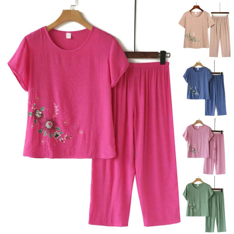 Conjunto de top e calça para mulheres de meia-idade, conjunto de 2 partes, estampado de flores, perna larga, roupa de verão