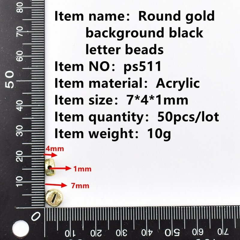 حبات حروف أكريليك 7 4 × 1 ، دائرية ، خلفية ذهبية ، سوداء ، لصنع الحلي ، تصنعها بنفسك ، 50 × 1