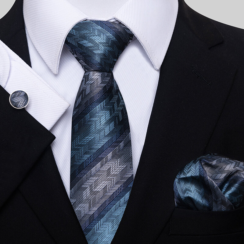 100% Silk 8 cm Birthday Gift Tie Hanky Cufflink Set Men  Necktie hombre Formal Clothing Purple Geometric Independence Day