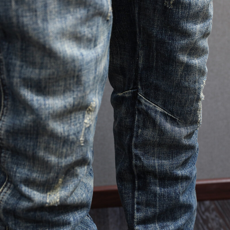 สไตล์ญี่ปุ่นผู้ชายแฟชั่นกางเกงยีนส์คุณภาพสูง Retro สีน้ำเงินเข้มตรง Slim กางเกงยีนส์แต่งลายขาดๆผู้ชาย Vintage Designer กางเกงยีนส์ Hombre