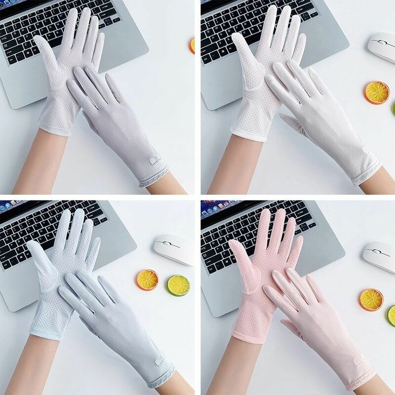 Oddychające letnie rękawice z ochroną przeciwsłoneczną modne cienkie z pełnymi palcami do ekranów dotykowych rękawiczki anty-uv w jednolitym kolorze rękawice do jazdy