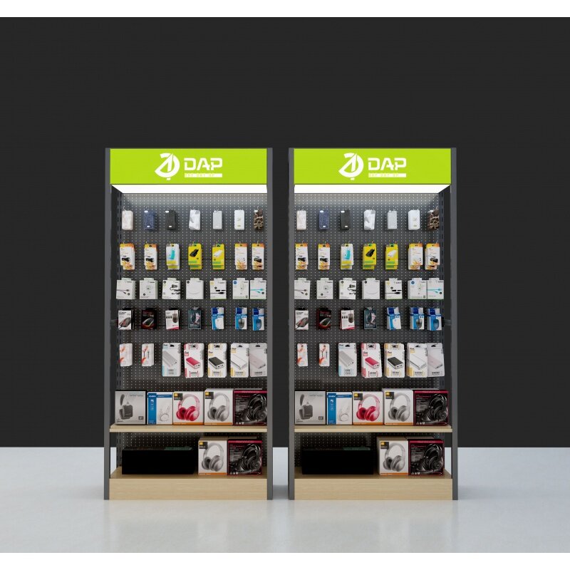 Estantes de exhibición de tienda de teléfono móvil personalizados, gabinete de soporte de madera de Metal con ganchos