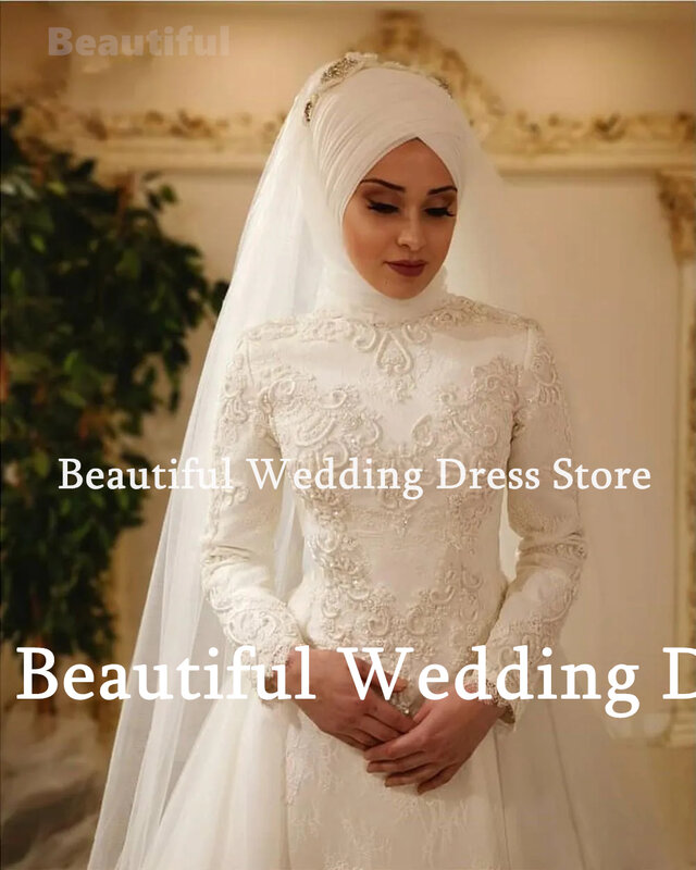 Baru Vestidos De Novia gaun pernikahan Muslim untuk wanita tinggi leher lengan panjang manik-manik renda A-Line panjang lantai gaun pengantin Dubai Arab