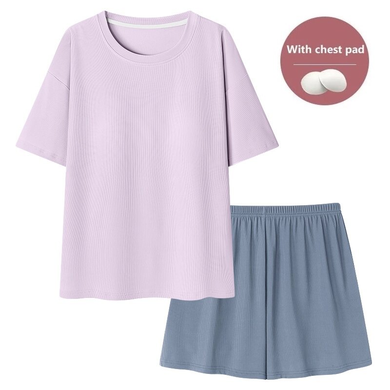 Conjunto de pijama con almohadillas para el pecho para Mujer, ropa de dormir Simple de Color sólido, pijama de manga corta para niña joven