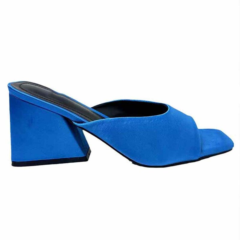 صندل مربع براق للنساء ، حذاء ساتان بكعب عالٍ ، أسافين زرقاء ، موضة جديدة ، ، ، ، ، من الساتان