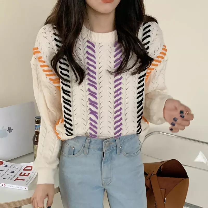 Suéter ahuecado de retazos de Color impactante para mujer, Top de punto de manga larga con cuello redondo, ropa informal coreana, Otoño e Invierno