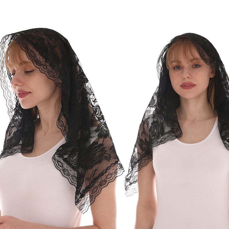 Chapel Veil Mantilla Latin Mass Flower Embroidered Head Covering Lace Edge Scarf for Confirmation