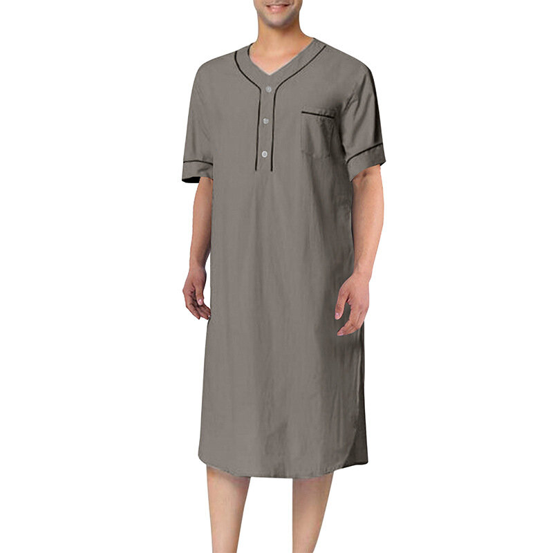 Summer Short Sleeve Men Thin Nightgown Muslim Islamic Homewear Solid Color Loose Saudi Arabia Kaftan Home Abaya Sleep Robe
