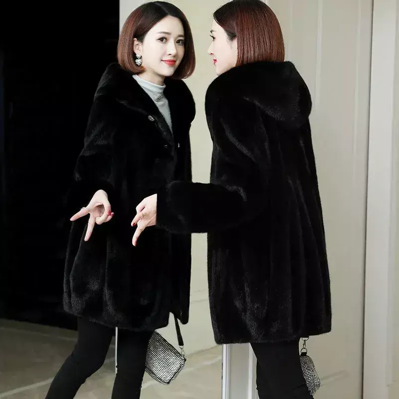 Осенне-зимнее Новое меховое пальто из искусственной норки, бархатное пальто из искусственного меха, корейское свободное Норковое Пальто, женская толстая верхняя одежда средней длины с капюшоном