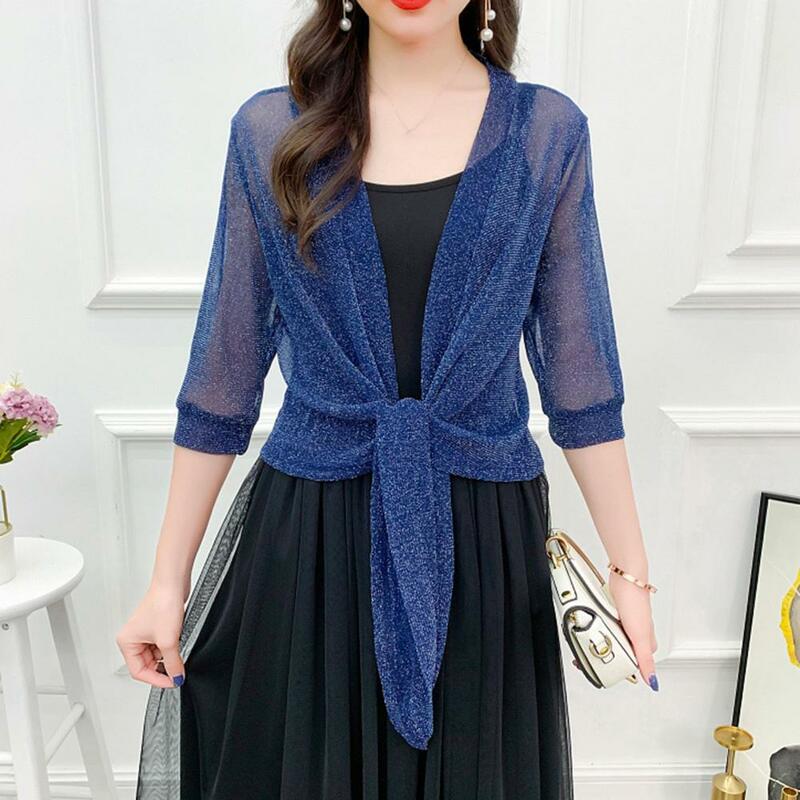 Women Summer Cardigan V-neck Solid Color Thin Blouse Half Sleeves Sunscreen Lace Up Top Anti-shrink Short Jacket Female Clothes