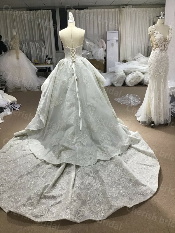 C5040B Exquisite Sleeveless Ball Gown Wedding Dress Bridal Gown for Women, Strapless Lace Beading Bride Dress Lace Up Gown