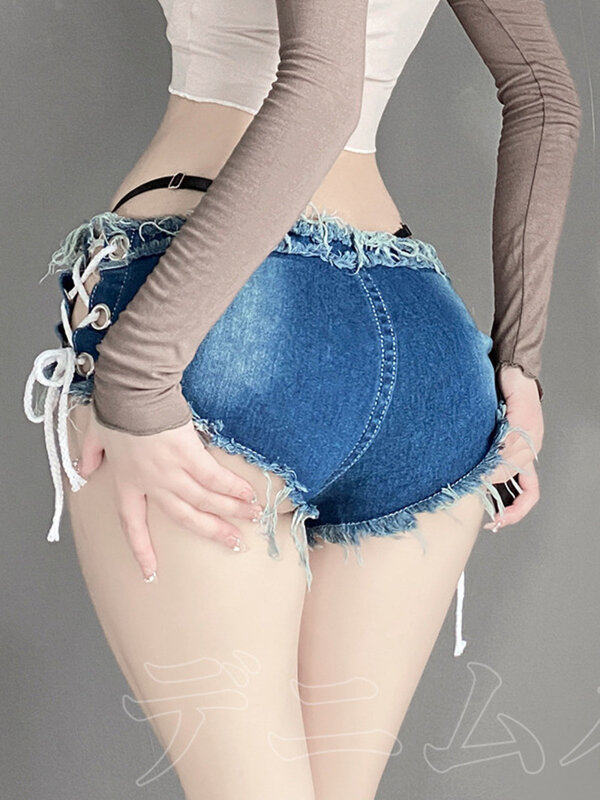 Shorts jeans azul bandagem feminina, shorts sexy brincalhão, shorts tentador quente, estilo coreano, moda doce, ZY57, novo, 2024