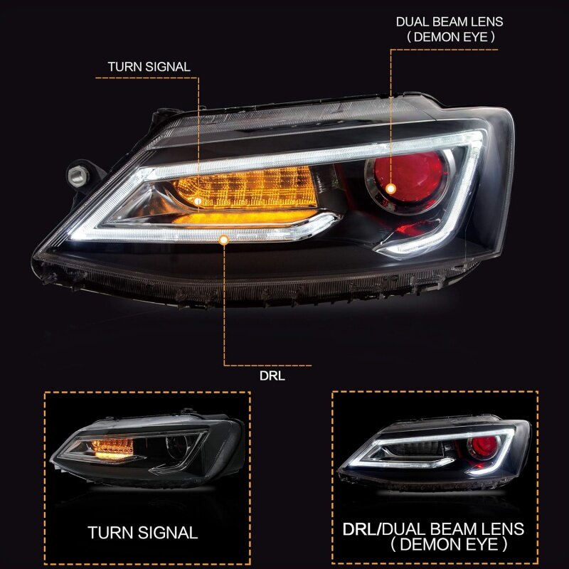 VLAND Headlights Assembly Fit forJetta 2012-2018 (NOT for GLI) W/DRL, LED Front light with Sequential Turn Signal, P