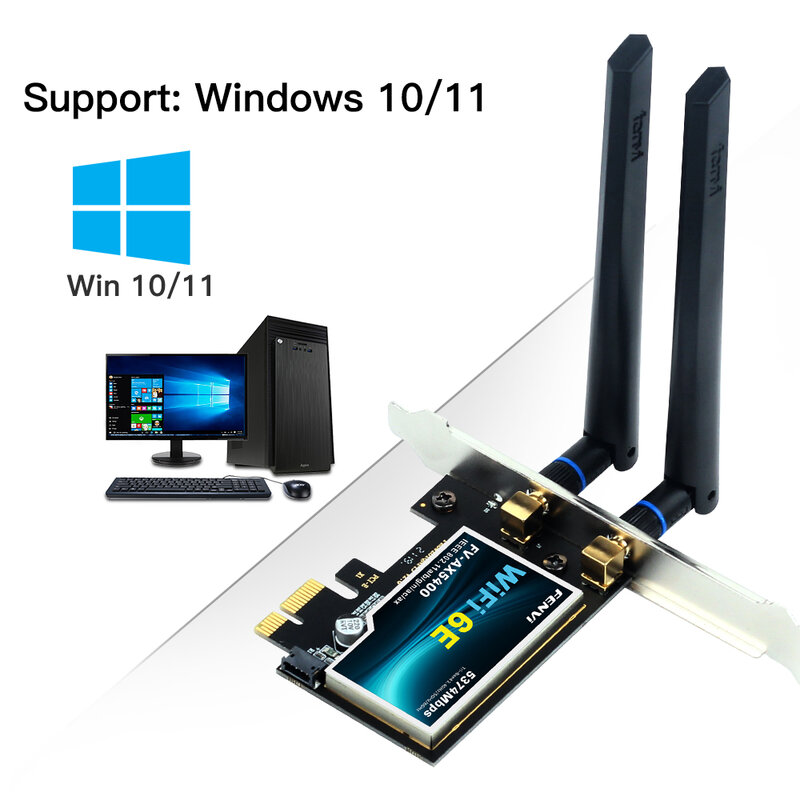Karta bezprzewodowa FENVI Wi-Fi 6E AX210 5374Mbps Tri Band 2.4G/5G/6GHz BT 5.3 PCI Express Network Cards WiFi Adapter For PC Win10/11