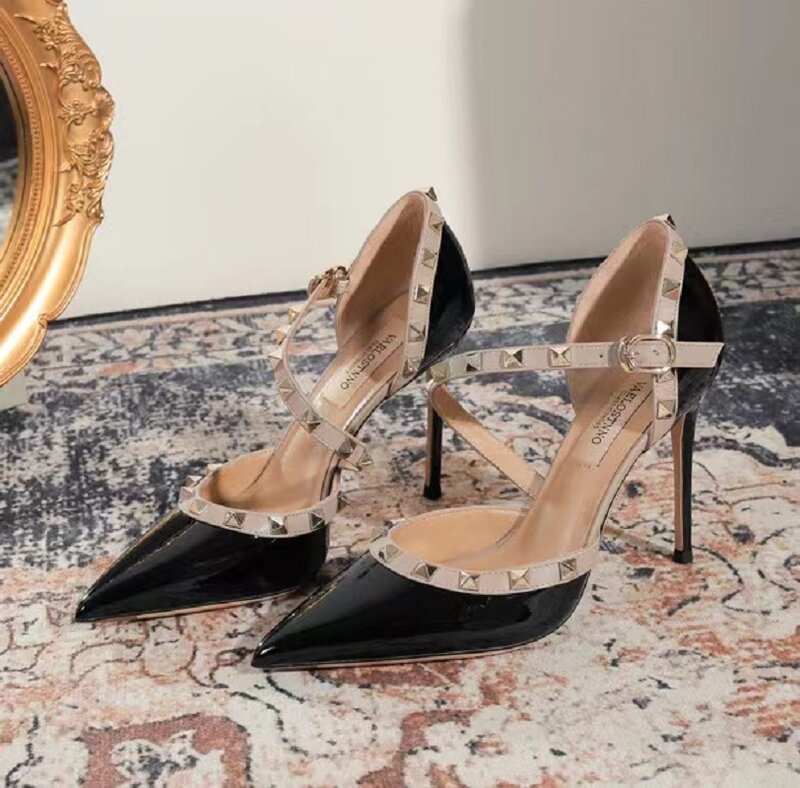 Lato nowy wysokiej jakości czółenka z naturalnej skóry moda spiczaste nit damskie buty na wysokim obcasie wygodne buty biurowe damski sandał