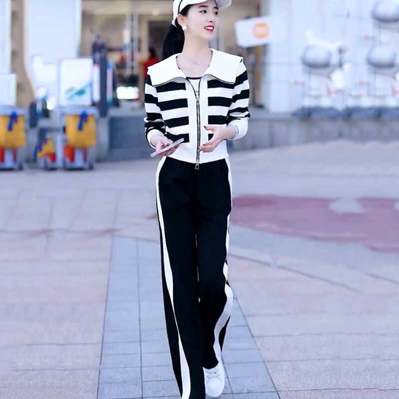 Black White Striped Spring Autumn Knitted Short Two Piece Set Fashion Woman Elegant Womens Sweaters 2-piece Set 2024 Female