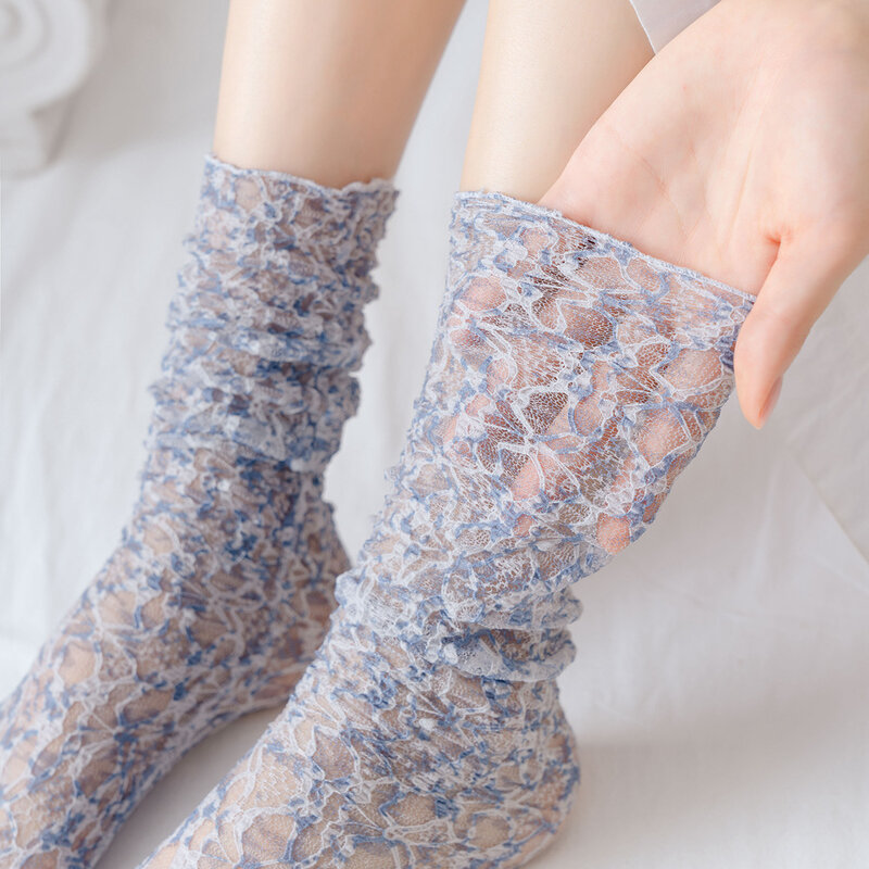Летние женские сетчатые носки с цветочным принтом, длинные тонкие кружевные тонкие носки в Корейском стиле, дышащие носки для девочек