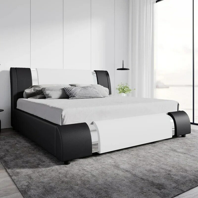 SHA CERLIN Modern Faux Leather King Bed Frame with Adjustable Headboard and Iron Accents, Deluxe Upholstered Platform Bed with S