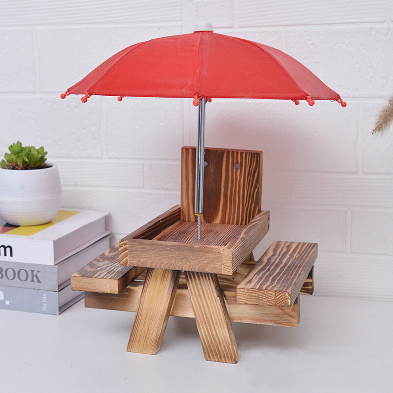 Alimentador de ardilla de madera, mesa de comedor creativa para mascotas con Banco, mesa de alimentación colgante, Mini adorno de paraguas