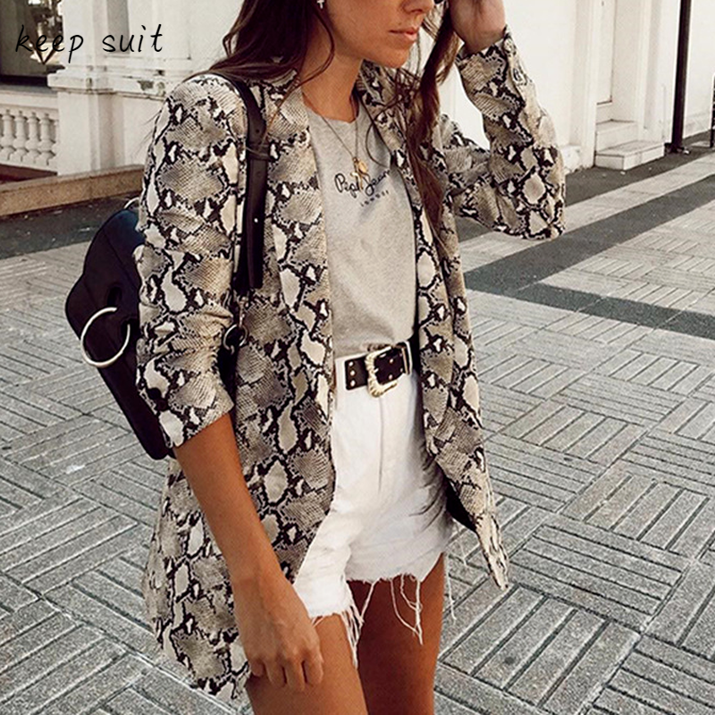 Snake Print Blazer Female Buttonless Suit  Office Lady Retro Casual Long-sleeved Jacket Fashion Commuter Temperament Blazer