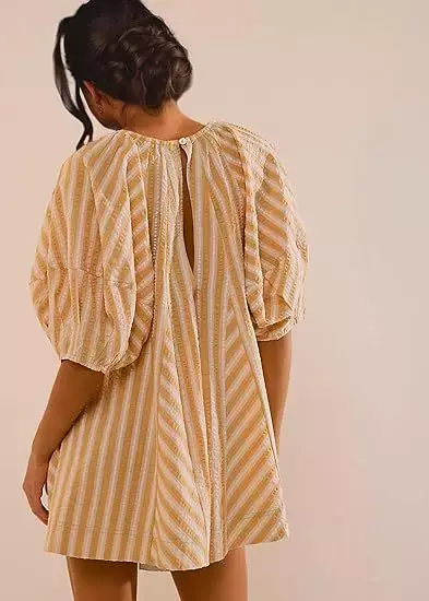 Summer Beach Rompers For Women Casual Loose Striped Puff Short Sleeve Adjustable Neck Wide Leg Oversized Jumpsuit With Pockets