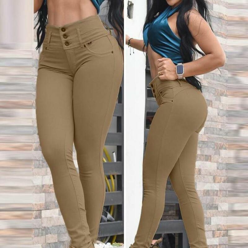 Elastic Leggings Stylish High Waist Slim Fit Leggings for Women Solid Color Long Pants with Button Fly Wrapped Design for A