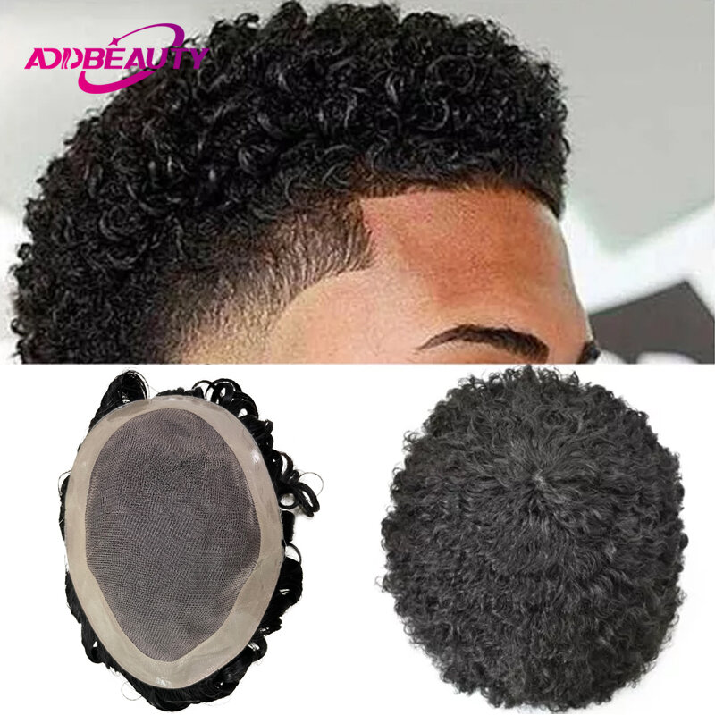 Rambut palsu pria rambut manusia halus Mono NPU wig rambut manusia India untuk pria Sistem rambut manusia Afro 15mm ujung rambut keriting warna alami