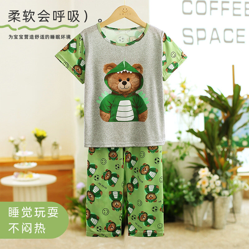 Conjunto de pijama infantil, calças finas de manga curta, roupas com ar condicionado, meninos e meninas, 2 peças, verão