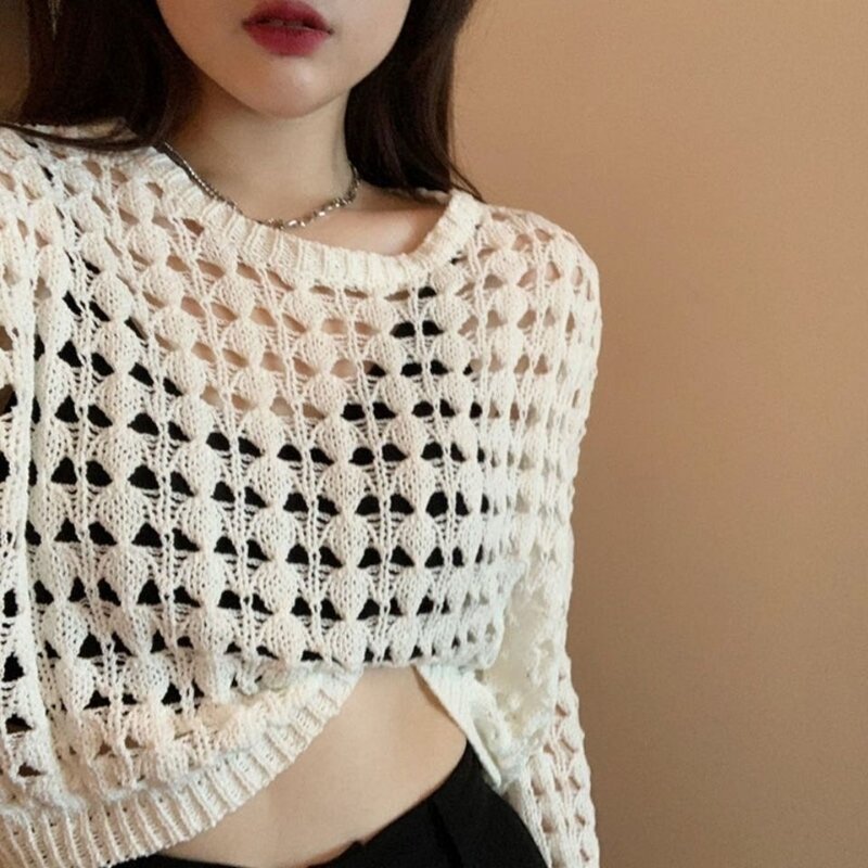 Tops holgados Vintage para mujer, prendas de punto cortas coreanas, camisetas informales que combinan con todo, trajes calados geométricos sexys, 2022