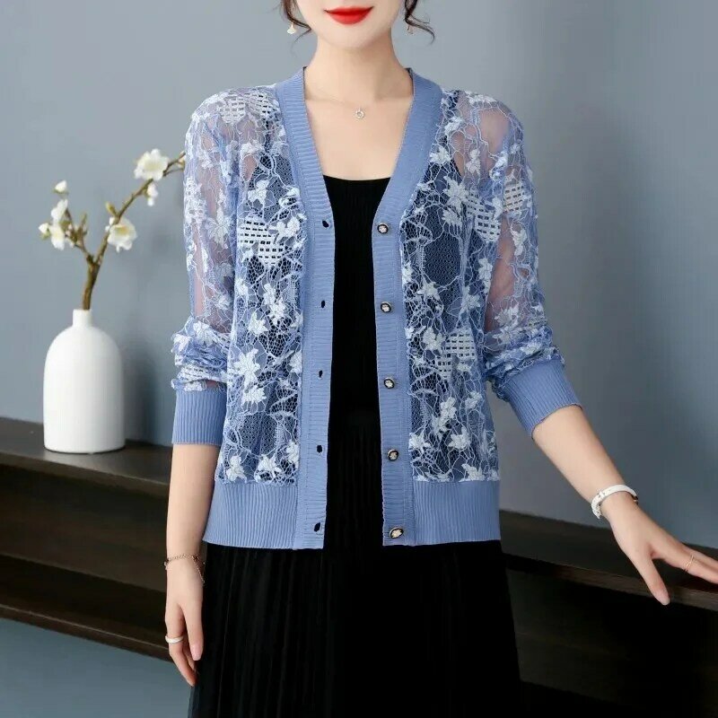 Lace Knitted Cardigan Coat Sunscreen Clothing Women's New Thin Shawl Summer 2024 Covered With Hollow Short  Ladies Jacket Top