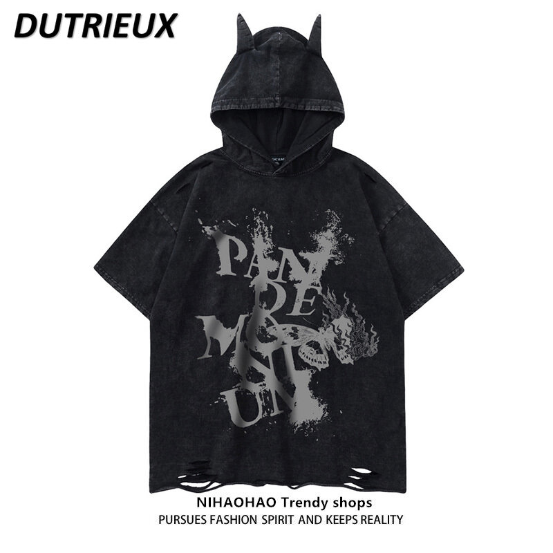 Casual T Shirt Original Fashion Brand American Street Dark Hooded Ripped T-shirt Washed and Worn Short Sleeve Couple Top