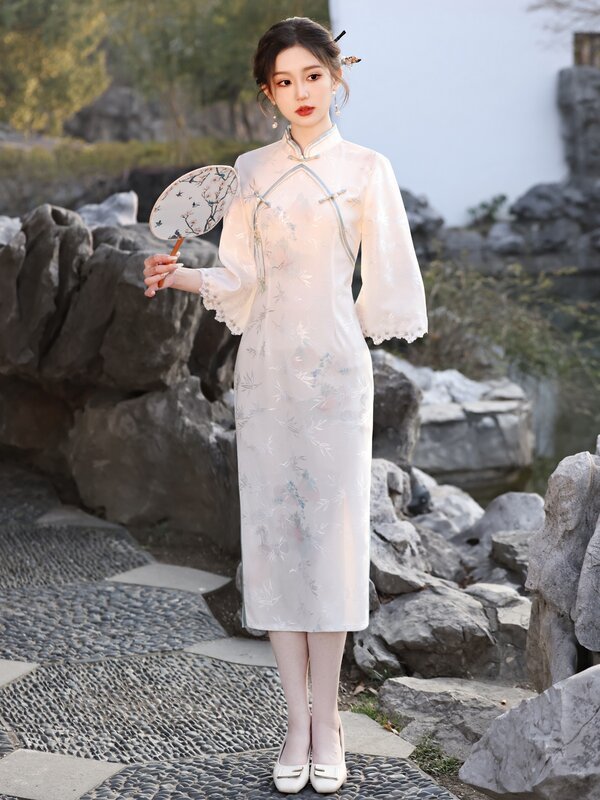 Женское трикотажное платье-Ципао с большими рукавами, в китайском стиле