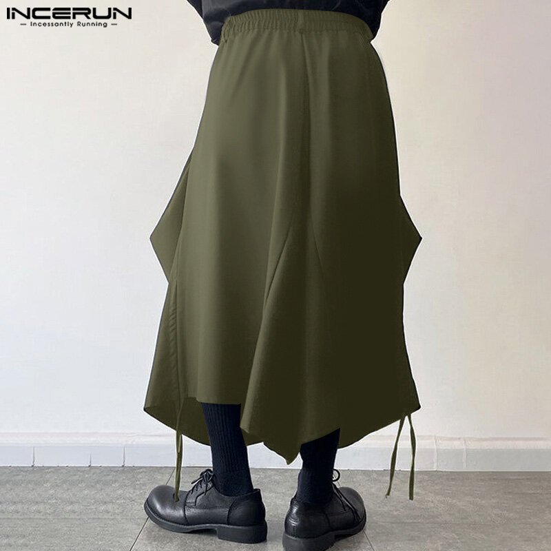 INCERUN-Pantalones largos para hombre, ropa holgada con cordón, Irregular, con bolsillos, color sólido, para fiesta, verano, 2024