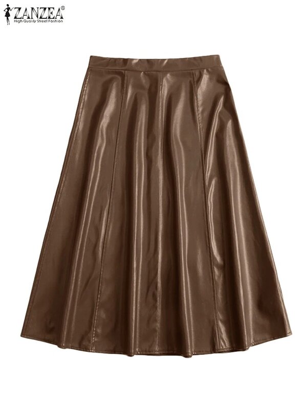 ZANZEA OL PU Faux Leather Faldas Mujer A-line Korean Fashion Elegant Stitching Midi Skirts Women 2023 High Waist Long Skirt